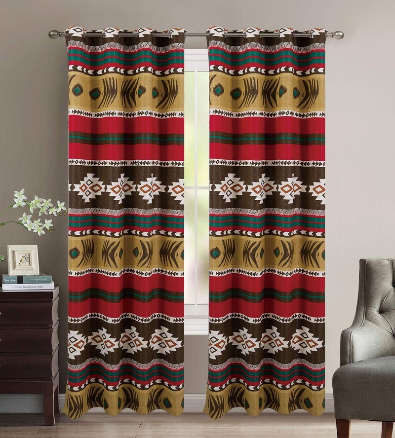 Rugs 4 Less Mojave Rustic Western Southwest Native American Grommet Thermal Insulation Window Treatment Curtain Set in Brown Beige Green Deep Red Burgundy â€“ Mojave Curtain Set (Thermal)